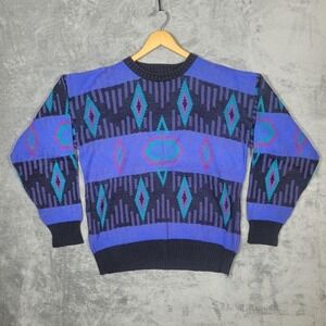Vtg Peter England Abstract Sweater Mens Large Blue Purple 90s Aztec Grandpa Core